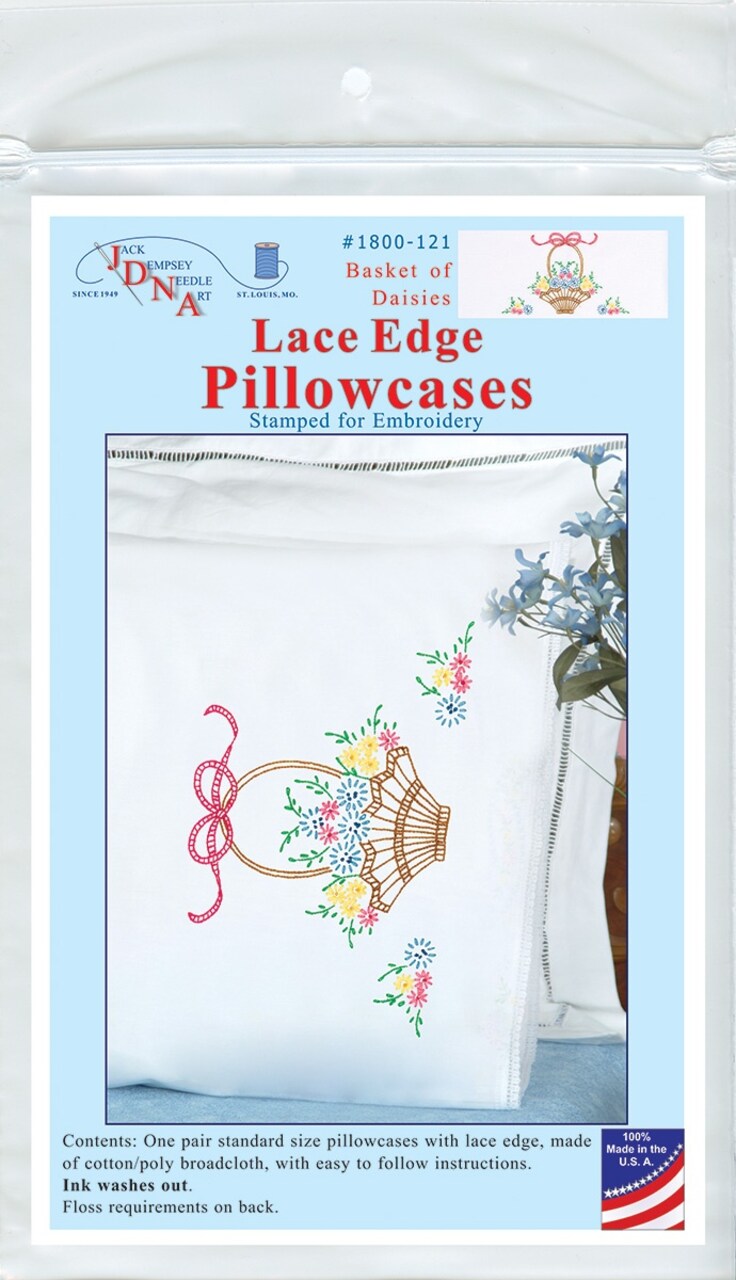 Jack Dempsey Stamped Pillowcases W/White Lace Edge 2/Pkg-Basket Of Daisies